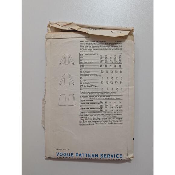 Vogue 8228 Vintage Suit and Blouse Pattern 1950's Original Size 10 - Picture 4 of 4